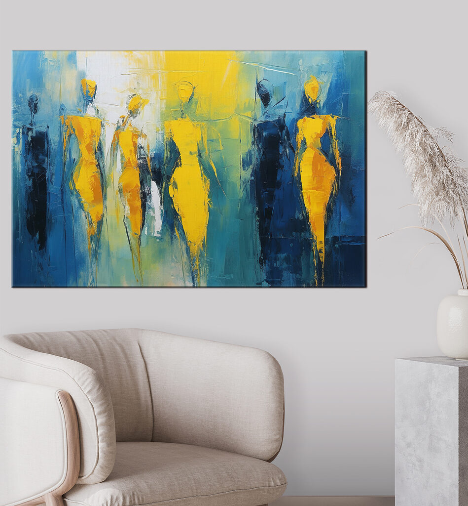 Painting of people in yellow and blue Painting of people in yellow and blue