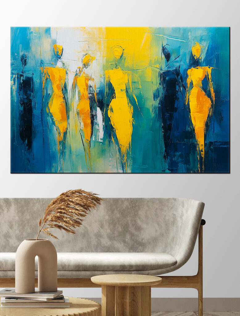 Painting of people in yellow and blue Painting of people in yellow and blue