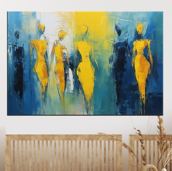 Painting of people in yellow and blue Painting of people in yellow and blue