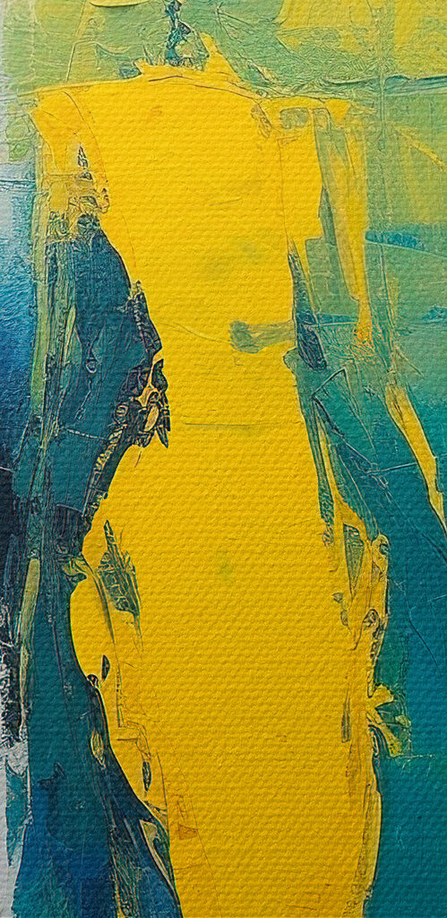 Painting of people in yellow and blue Painting of people in yellow and blue