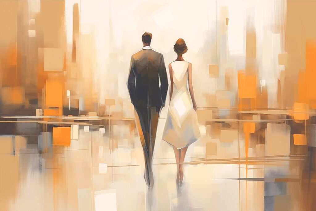 Man and woman walking down a street Man and woman walking down a street