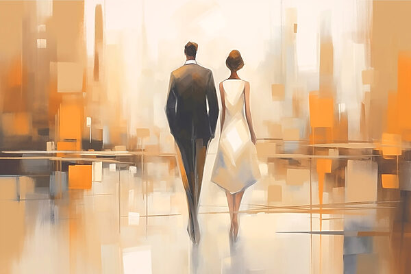 Man and woman walking down a street Man and woman walking down a street