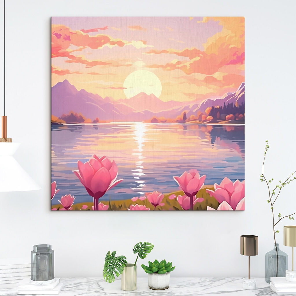 Pink flowers next to a lake