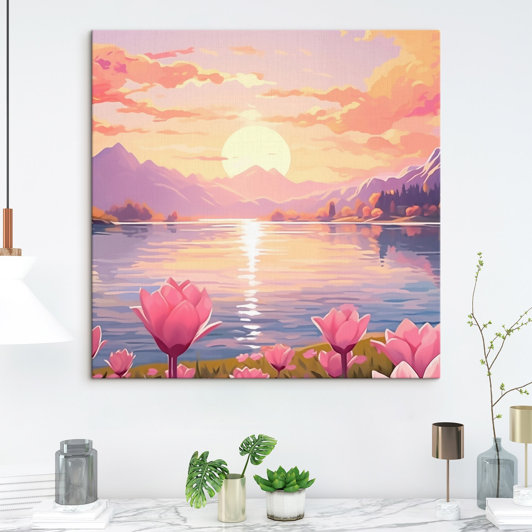 Pink flowers next to a lake