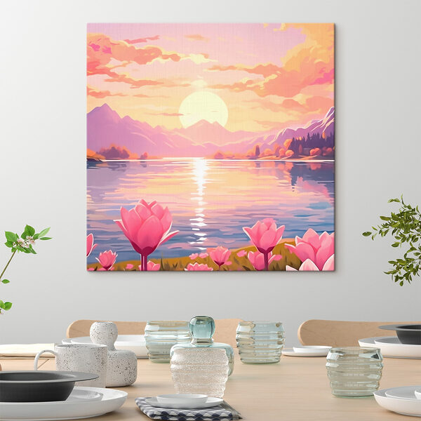 Pink flowers next to a lake