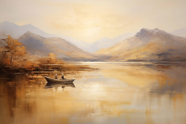 Painting of a boat on a lake with mountains in the background Painting of a boat on a lake with mountains in the background