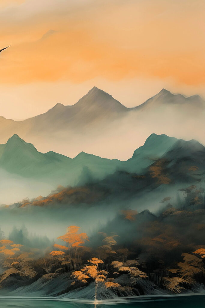 Foggy mountain range with trees Foggy mountain range with trees