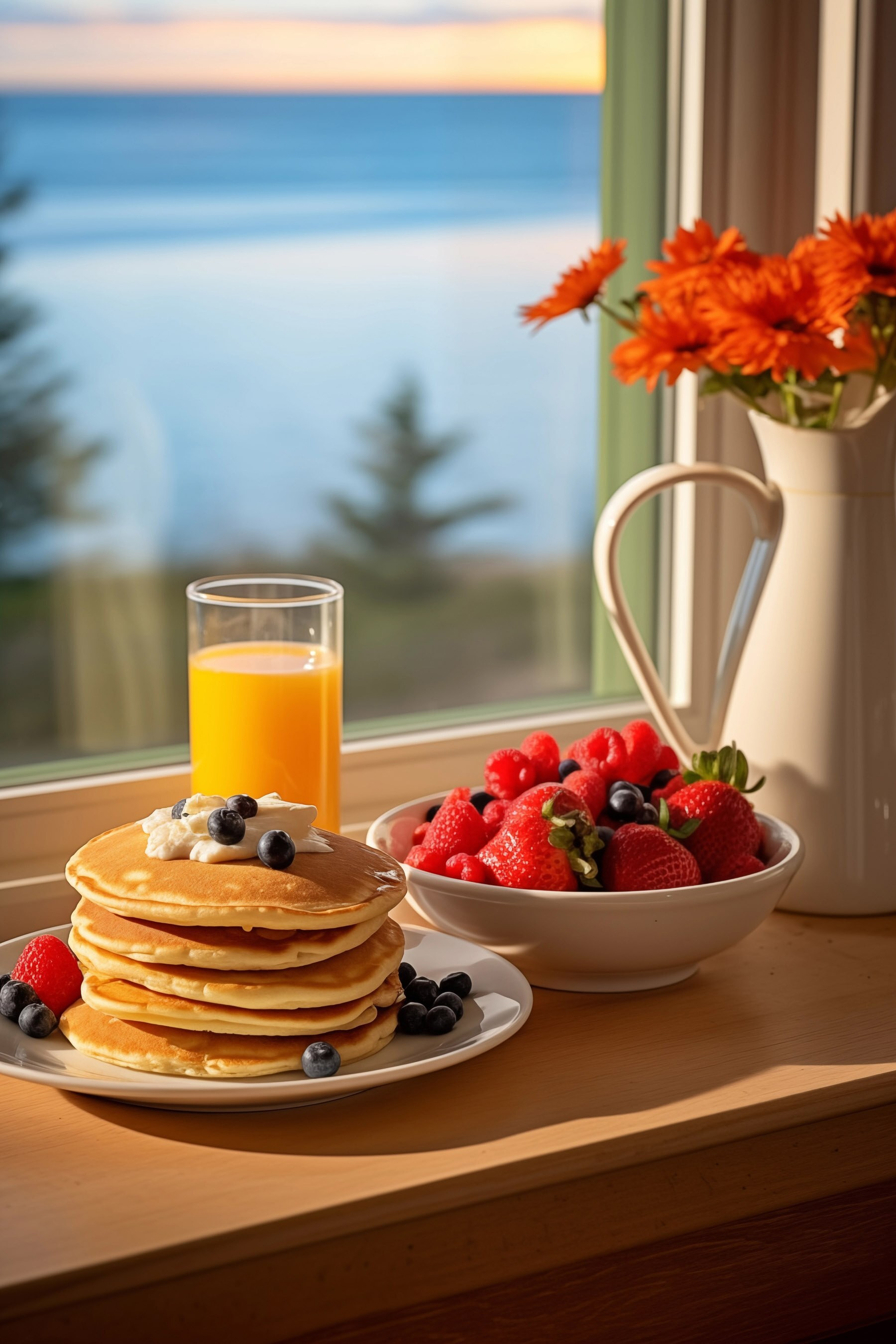 Stack of pancakes with berries and a glass of juice on a table Stack of pancakes with berries and a glass of juice on a table