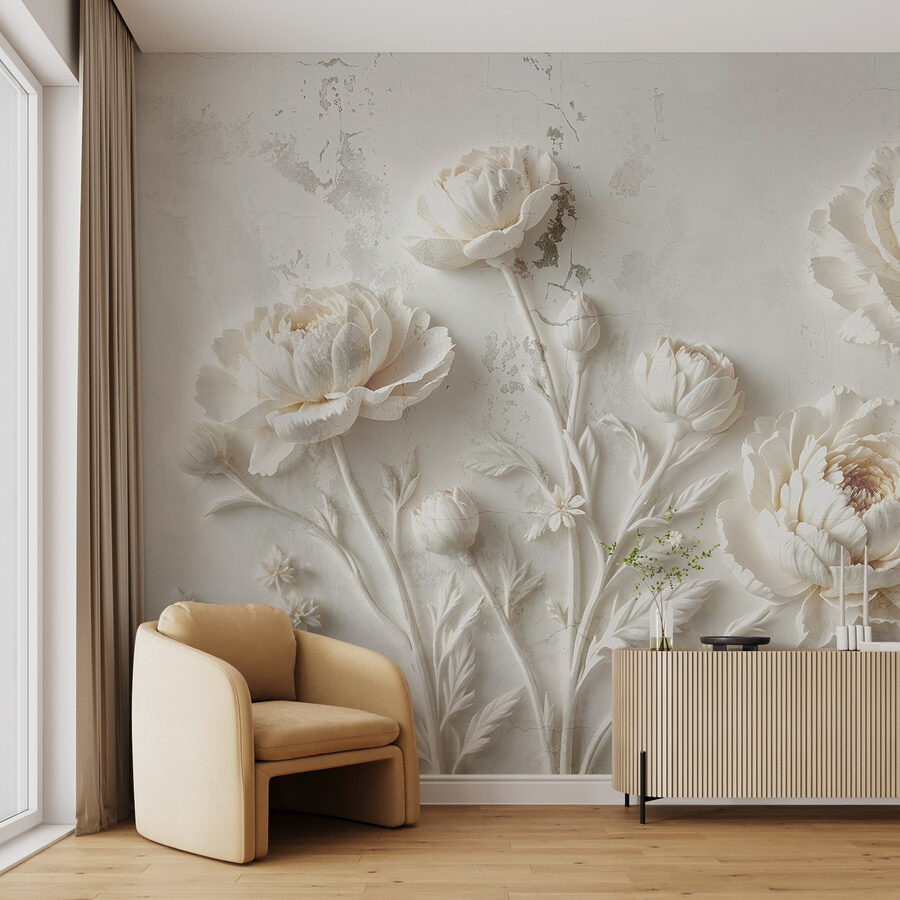 Incisione di fiori bianchi su una parete