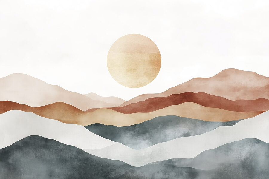 Pittura di montagne e sole