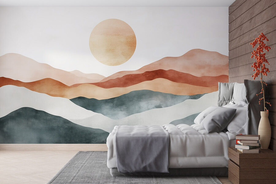 Pittura di montagne e sole
