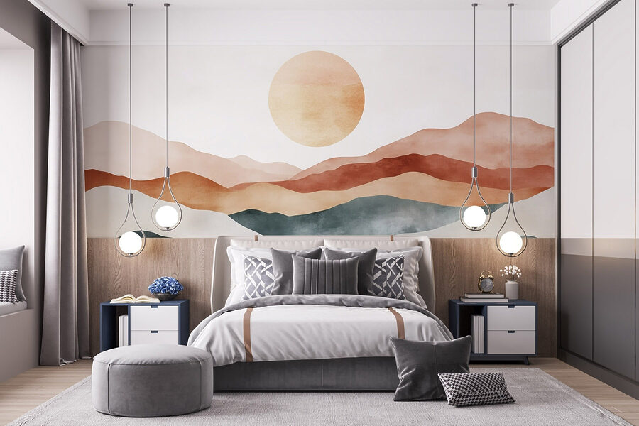 Pittura di montagne e sole