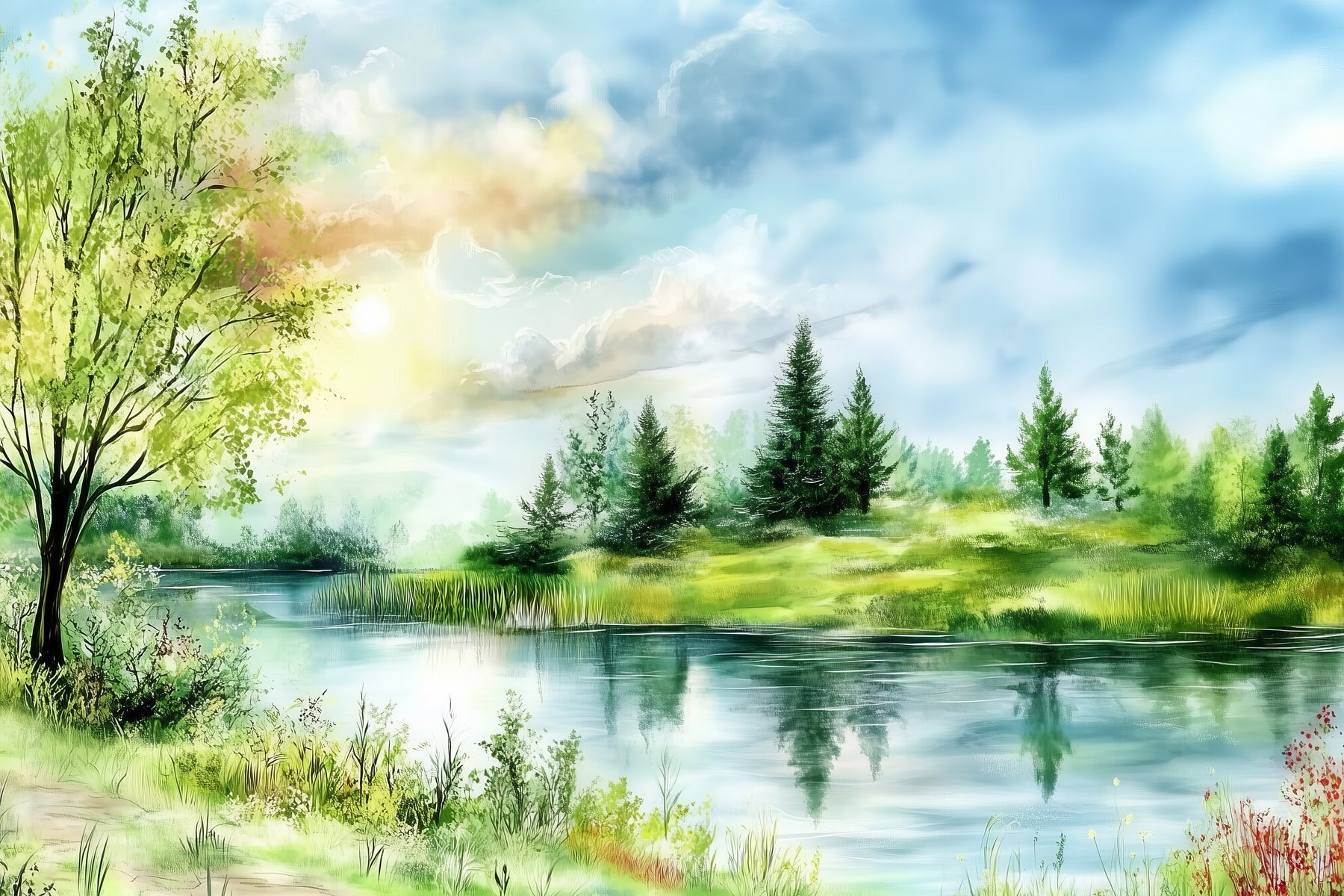 Watercolor painting of a lake with trees and grass Watercolor painting of a lake with trees and grass