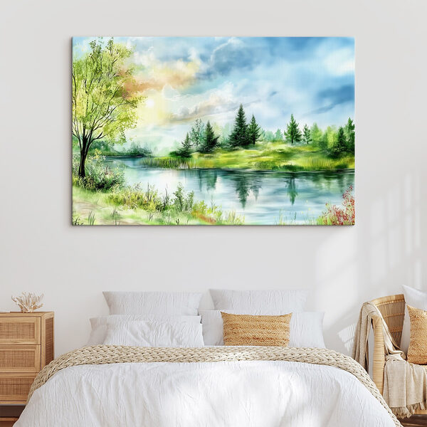 Quadri Quadri Acquerello raffigurante un lago con alberi ed erba (COD: s43923)