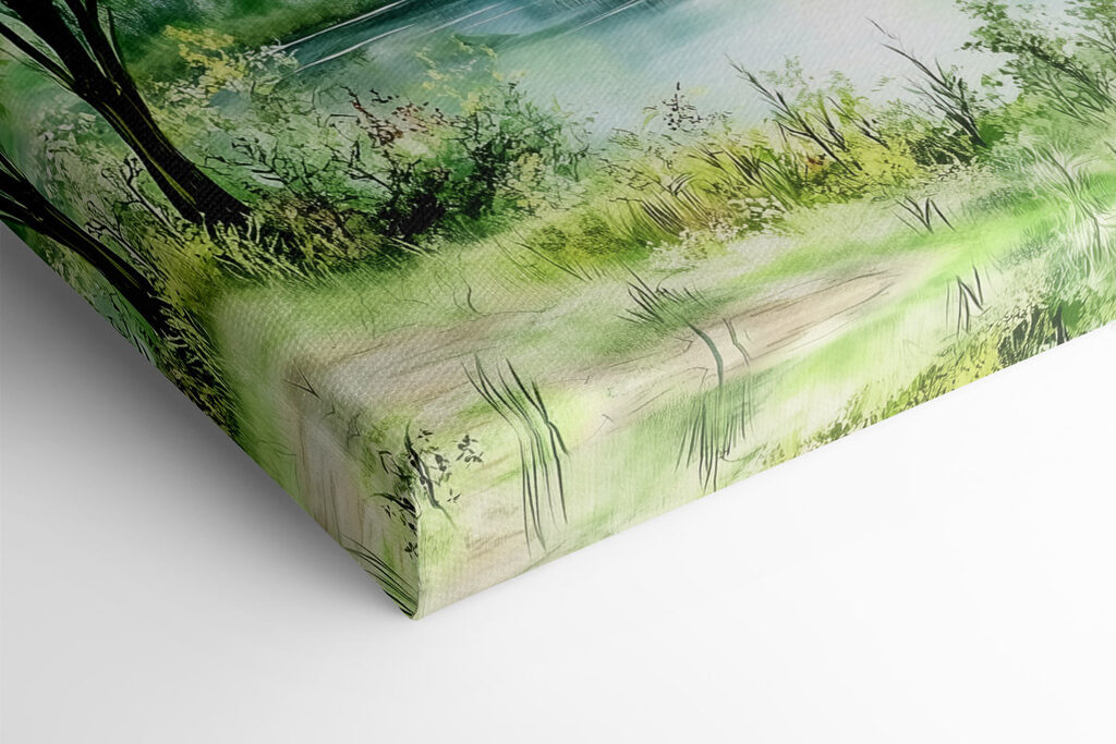 Watercolor painting of a lake with trees and grass Watercolor painting of a lake with trees and grass