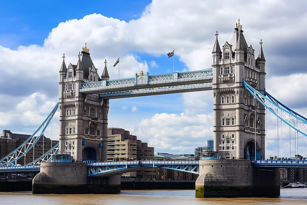 Bridge over water with towers and flags Bridge over water with towers and flags