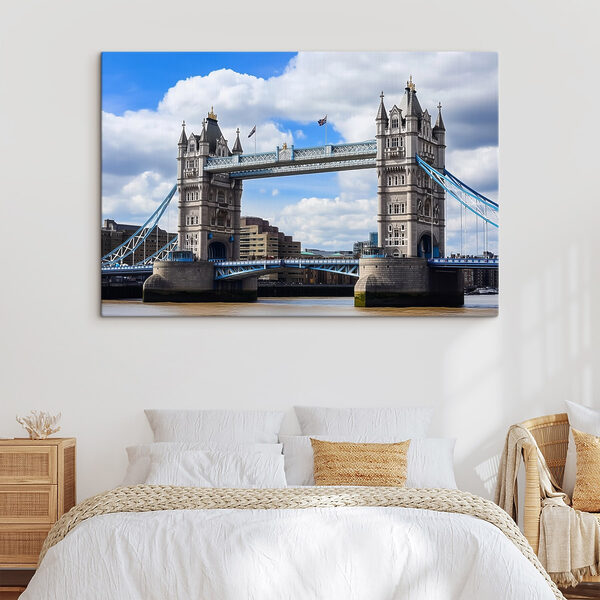 Bridge over water with towers and flags Bridge over water with towers and flags
