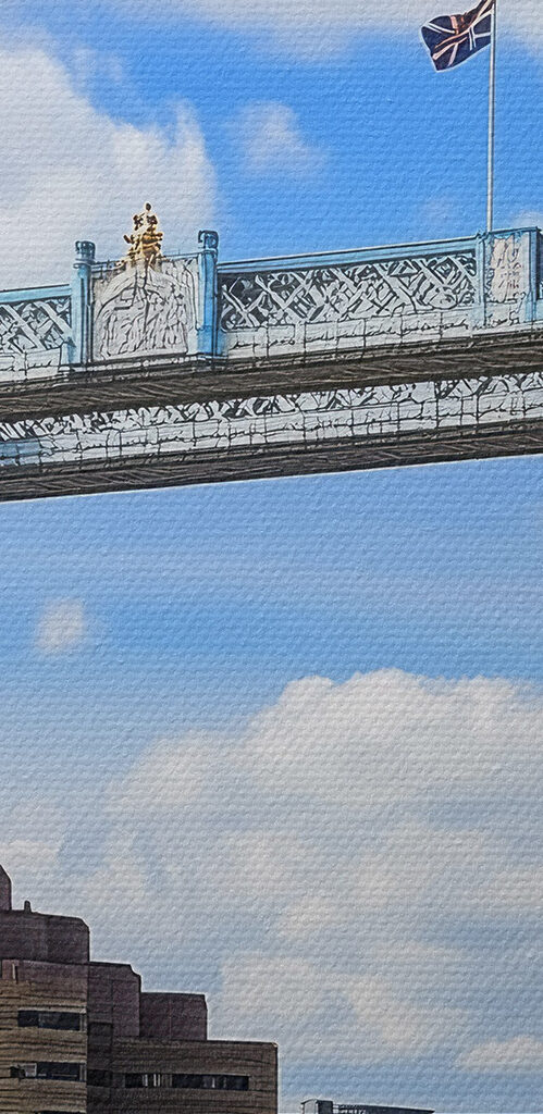Bridge over water with towers and flags Bridge over water with towers and flags