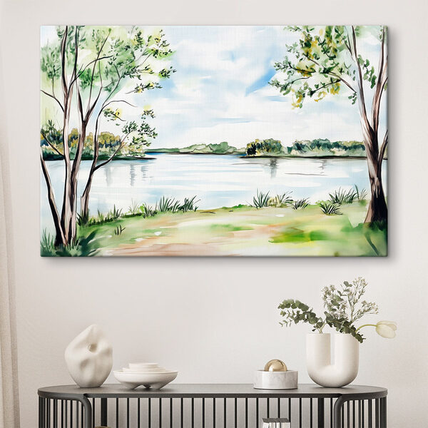 Quadri Quadri Acquerello raffigurante un lago con alberi ed erba (COD: s43921)