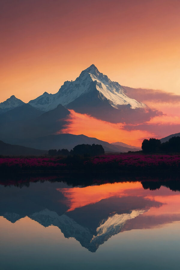 Mountain range with flowers and a lake Mountain range with flowers and a lake