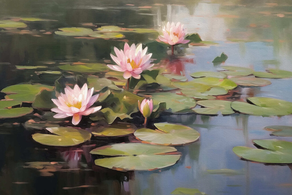 Group of pink flowers on lily pads Group of pink flowers on lily pads