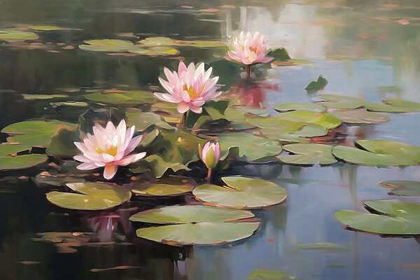 Group of pink flowers on lily pads Group of pink flowers on lily pads