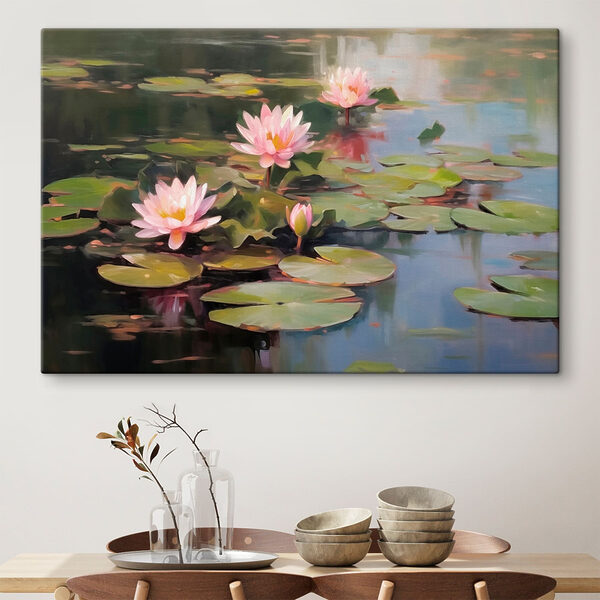 Mazzo di fiori rosa su foglie di ninfea Quadri Mazzo di fiori rosa su foglie di ninfea