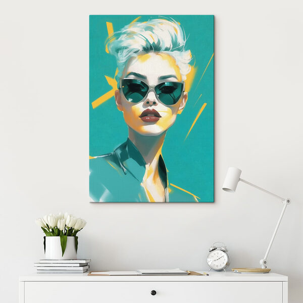 Donna con occhiali da sole e una maglietta verde Quadri Donna con occhiali da sole e una maglietta verde