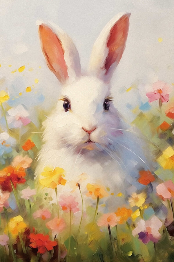 White rabbit in a flower field White rabbit in a flower field