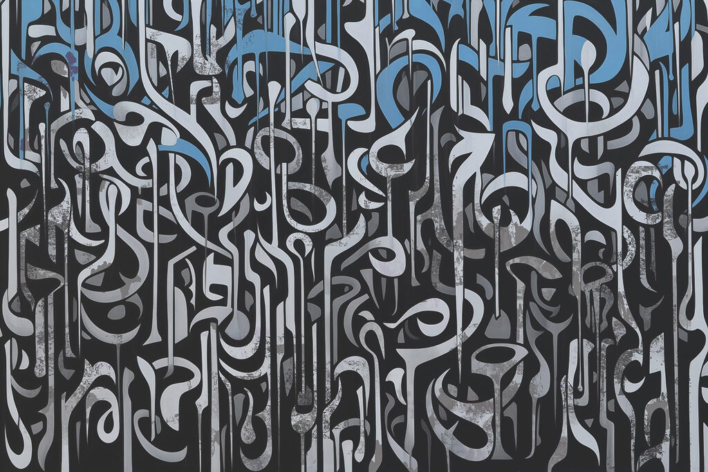 Black and white art with blue and white lines