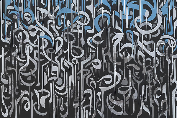 Black and white art with blue and white lines