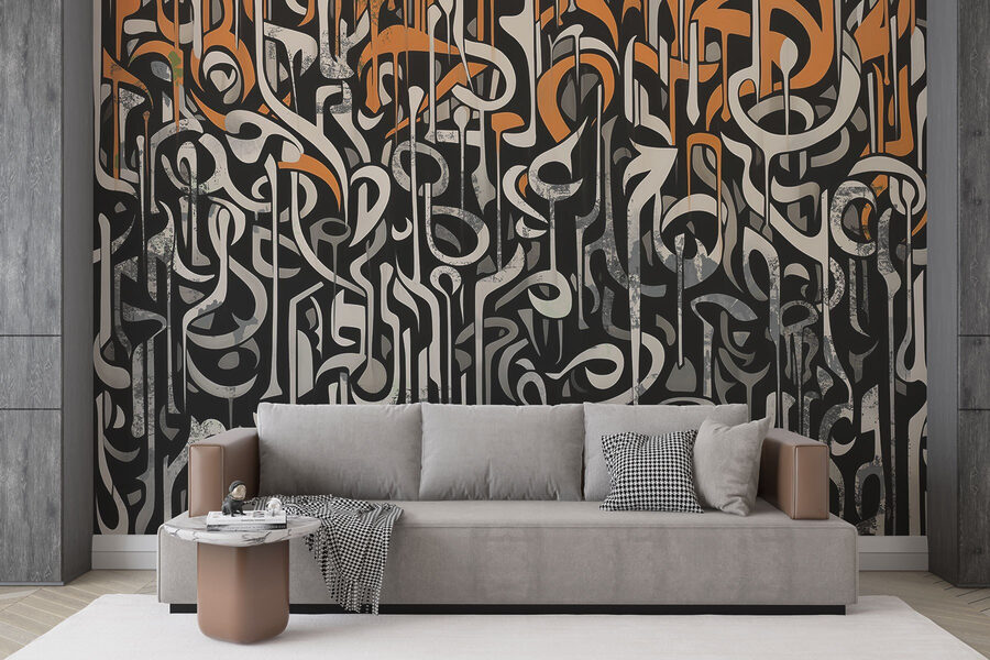 Carta da parati Arte in bianco e nero con linee arancioni e bianche