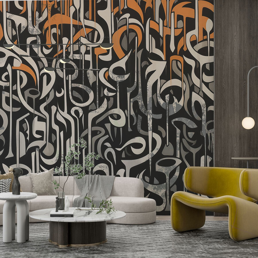Carta da parati Arte in bianco e nero con linee arancioni e bianche - immagine 2