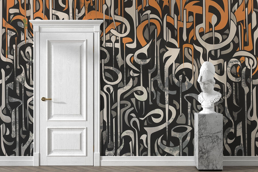 Carta da parati Arte in bianco e nero con linee arancioni e bianche - immagine 3