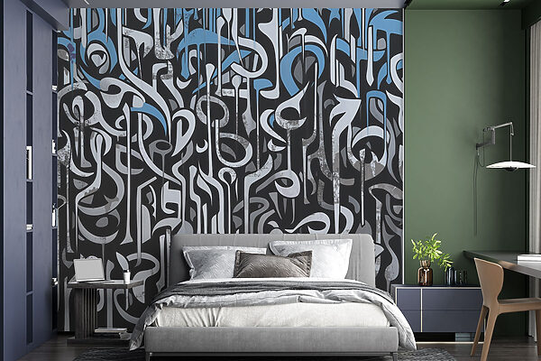 Black and white art with blue and white lines