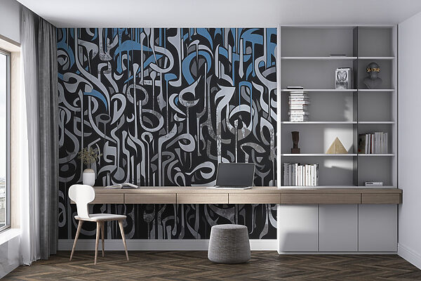 Black and white art with blue and white lines