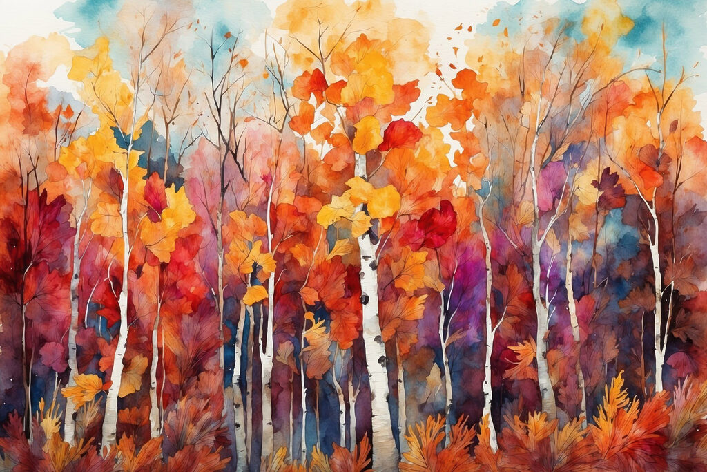 Watercolor painting of trees with orange and purple leaves Watercolor painting of trees with orange and purple leaves