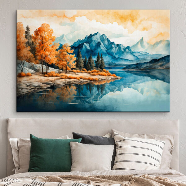 Quadri Quadri Acquerello raffigurante un lago con alberi e montagne (COD: s43450)