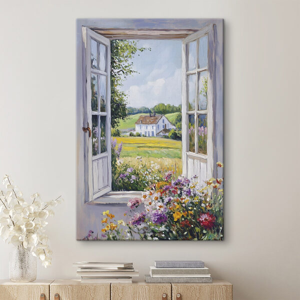 Dipinto di una casa vista attraverso una finestra Quadri Dipinto di una casa vista attraverso una finestra