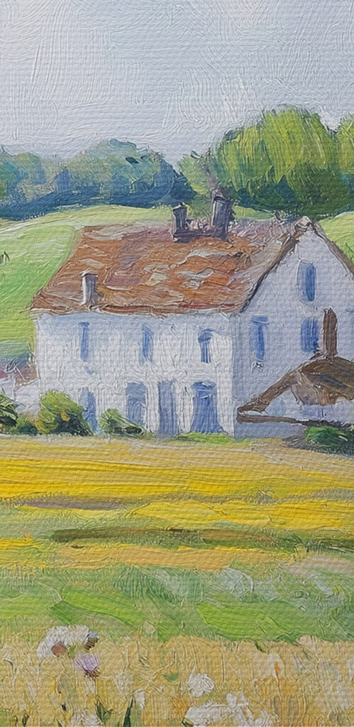 Painting of a house seen through a window Painting of a house seen through a window