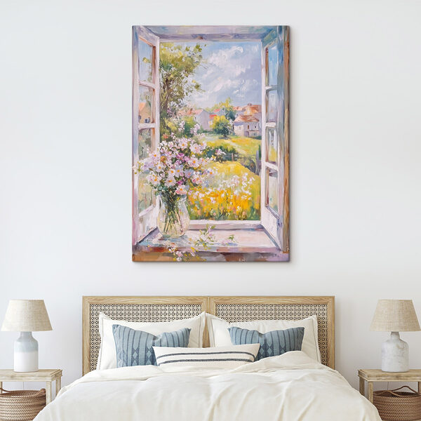 Dipinto raffigurante una finestra con dei fiori Quadri Dipinto raffigurante una finestra con dei fiori