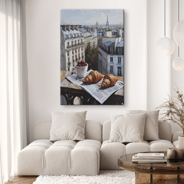 Quadri Quadri Una tazza di caffè e dei croissant su un tavolo con degli edifici sullo sfondo (COD: s43892)