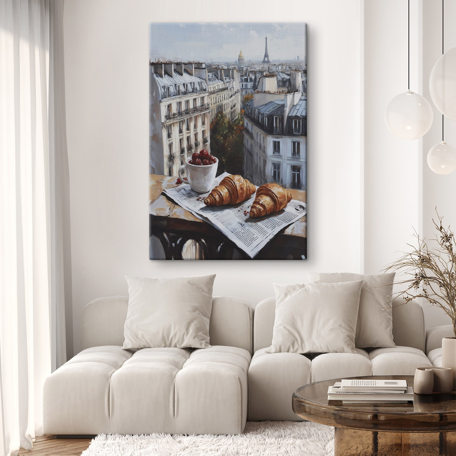 Cup of coffee and croissants on a table with buildings in the background Cup of coffee and croissants on a table with buildings in the background
