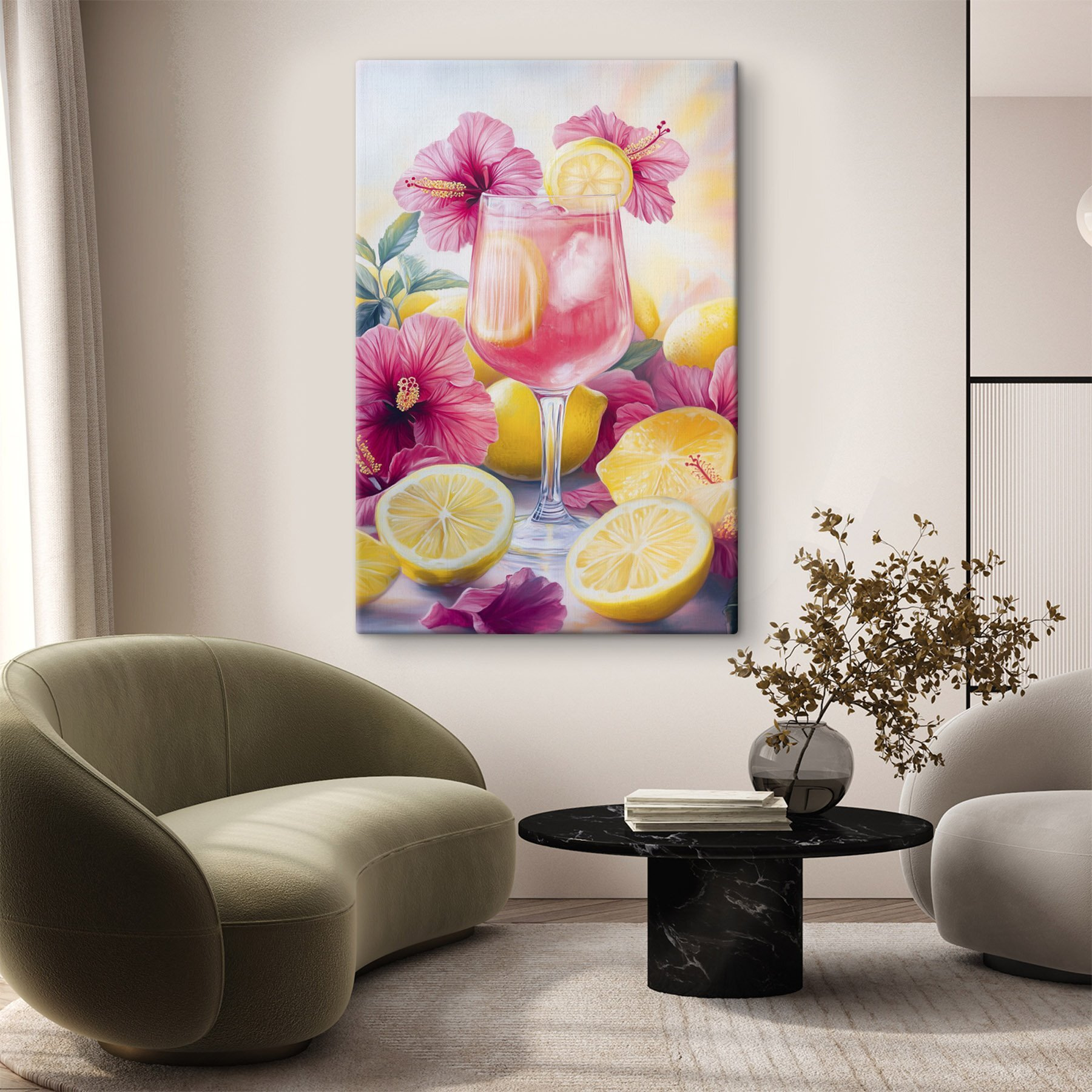 Glass of pink drink with lemons and flowers Glass of pink drink with lemons and flowers