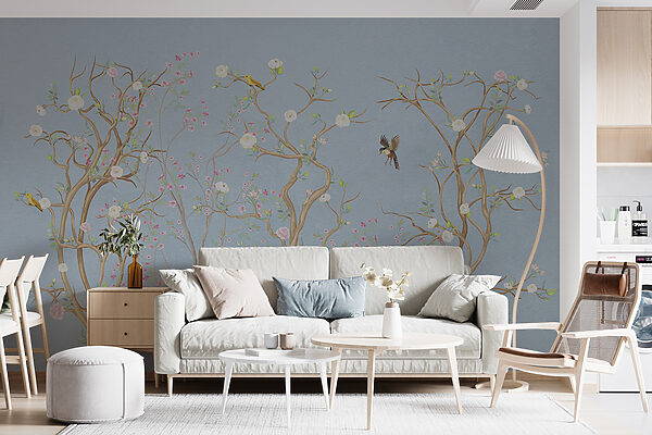 Murale di un albero con fiori e uccelli Murale di un albero con fiori e uccelli