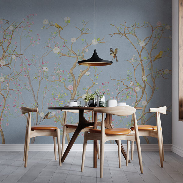 Murale di un albero con fiori e uccelli Murale di un albero con fiori e uccelli