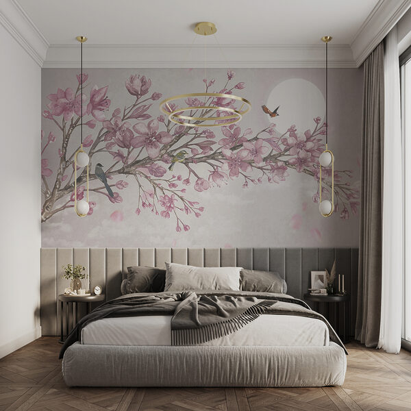 Pittura di un ramo con fiori rosa e uccelli Pittura di un ramo con fiori rosa e uccelli