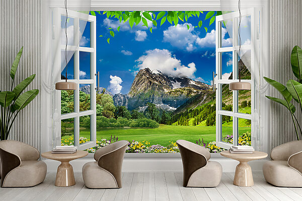 Finestra con vista sulla catena montuosa e sugli alberi Finestra con vista sulla catena montuosa e sugli alberi