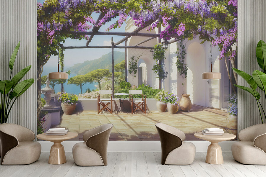 Patio con fiori e piante viola