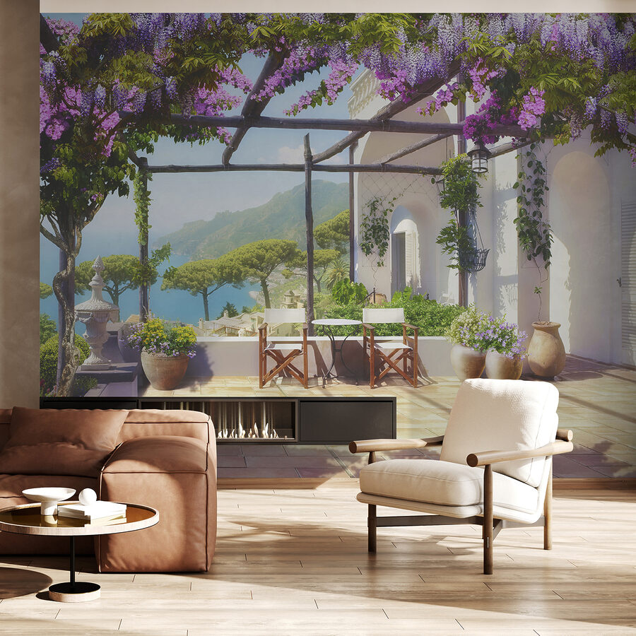 Patio con fiori e piante viola